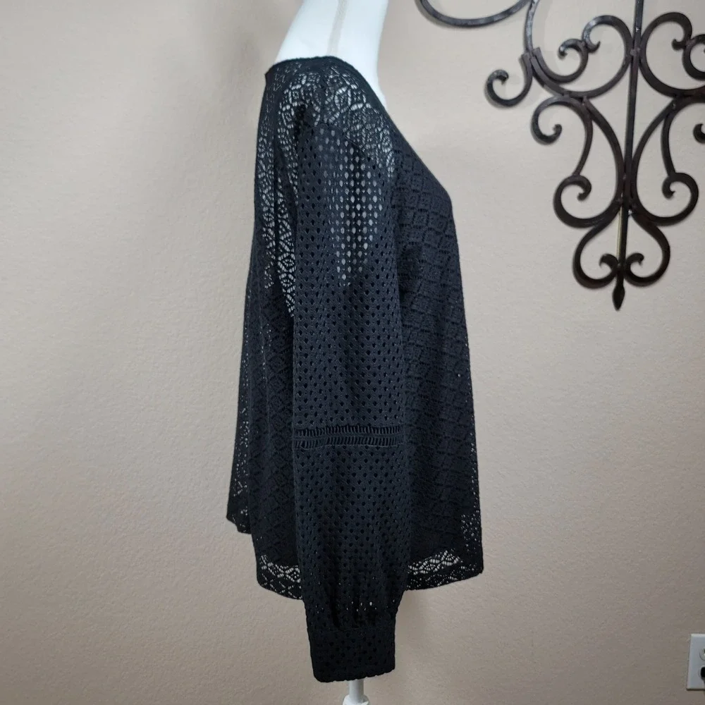 Banana Republic Lace Eyelet Top Women Black Geometric Long Sleeve Back Zip XXL